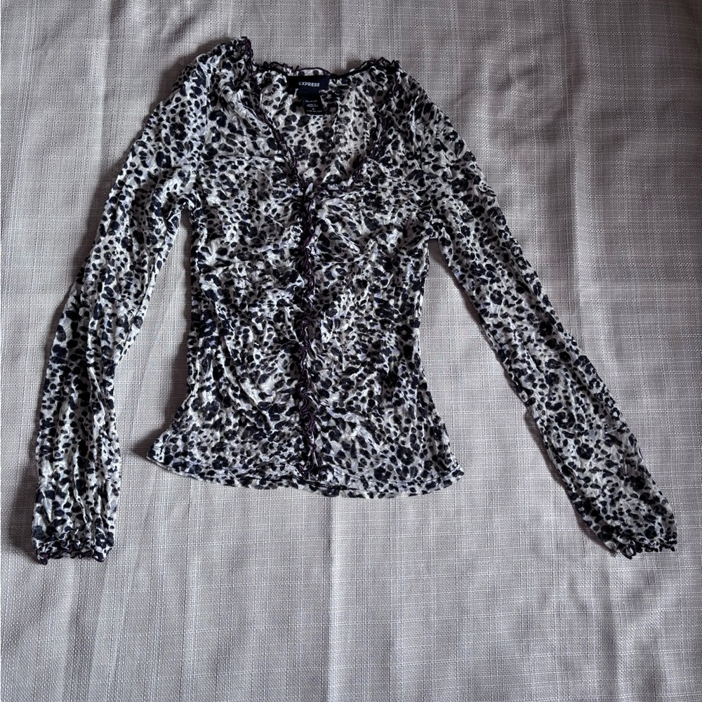 Express Ruffle Top Size S Woman’s  Floral Mesh Long Sleeve Y2K